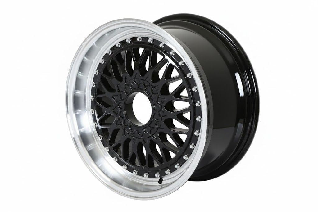 E881 Black Machined Lip Silver Rivet 19x9.5 ET35 5x112.120 - Square Set (4 Wheels)