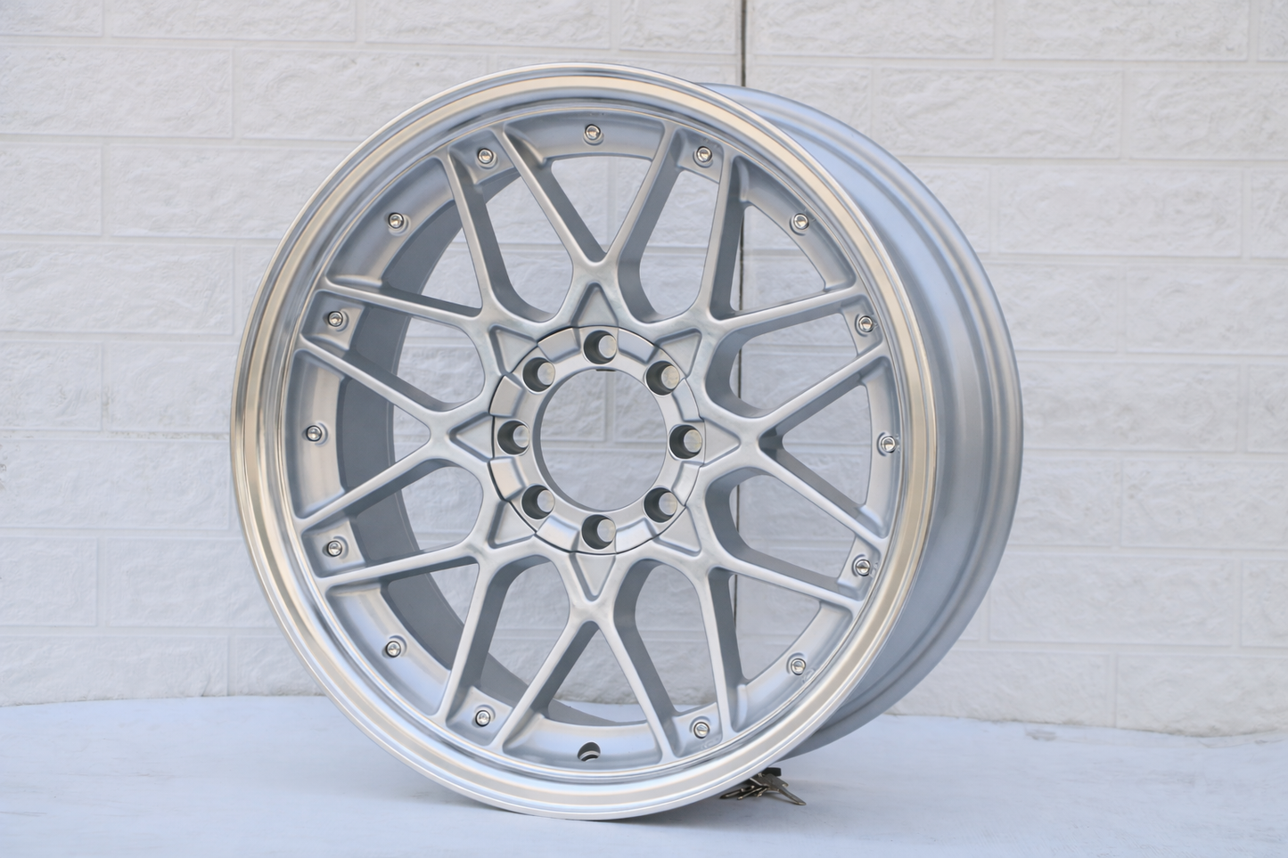 E025 Silver Machined Lip with Silver Rivet 18x8.0 ET30 5x112.120 - Square Set (4 Wheels)