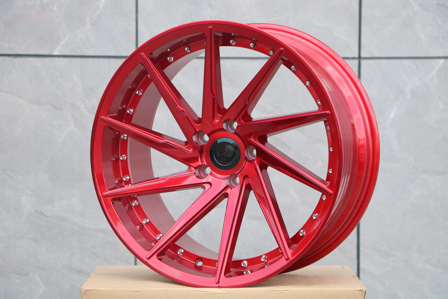 E511 Red With Machined Lip Red Clear Coat With Silver Rivet 19x8.5 ET35 5.114 - Square Set (4 Wheels)
