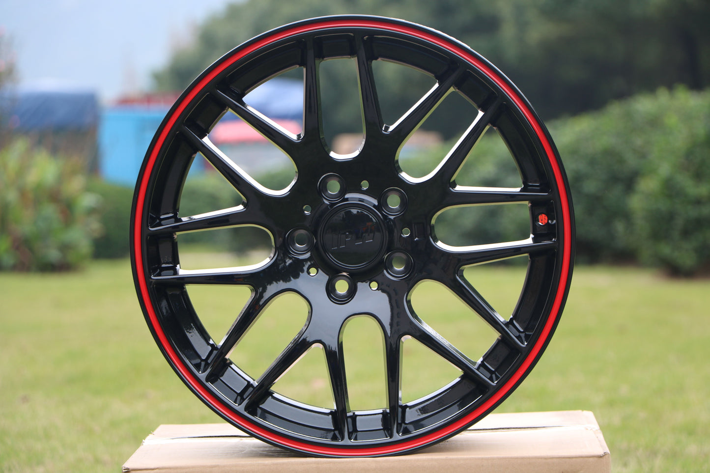 E703 Black With Red Lip 19x9.5 ET35 5.120 - Square Set (4 Wheels)