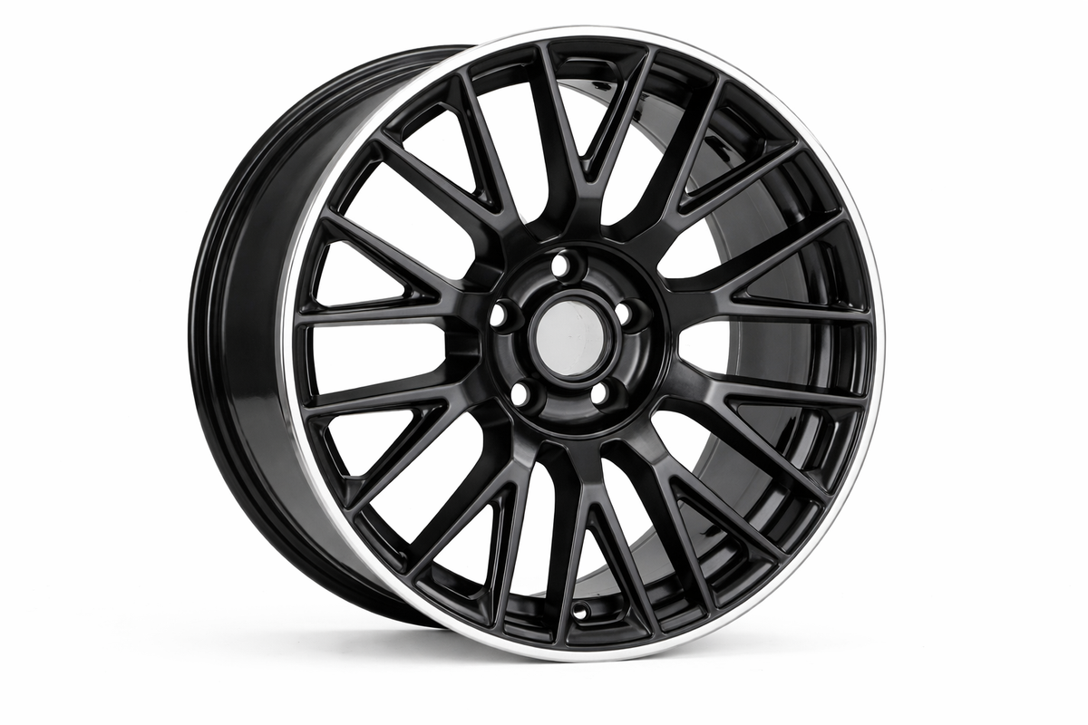 E803 Satin Black Machined Lip 18x8.5 ET35 / 18x9.5 ET35 5x112 — Staggered Set of 4