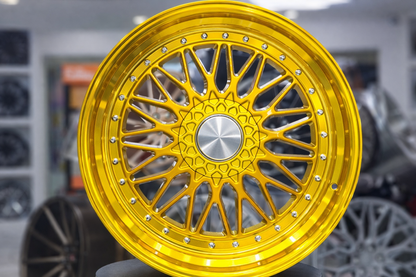 E883 FULL Gold With Silver Rivet 20x8.5 ET35 5x112.120 - Square Set (4 Wheels)