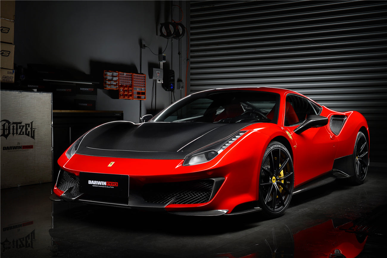 2015-2020 Ferrari 488 GTB | Spider Pista Style Carbon Fiber Front Bumper Set with Hood - DarwinPRO Aerodynamics