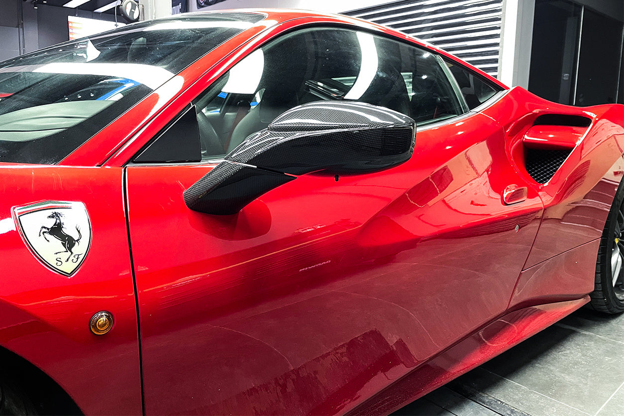 2015-2020 Ferrari 488 GTB & Spider Carbon Fiber Mirror House & Base Replacement - DarwinPRO Aerodynamics