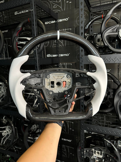 Carismo Steering Wheel For Tesla Model S/X Plaid - Sport (Heated) - Gloss Carbon - White Smooth Leather