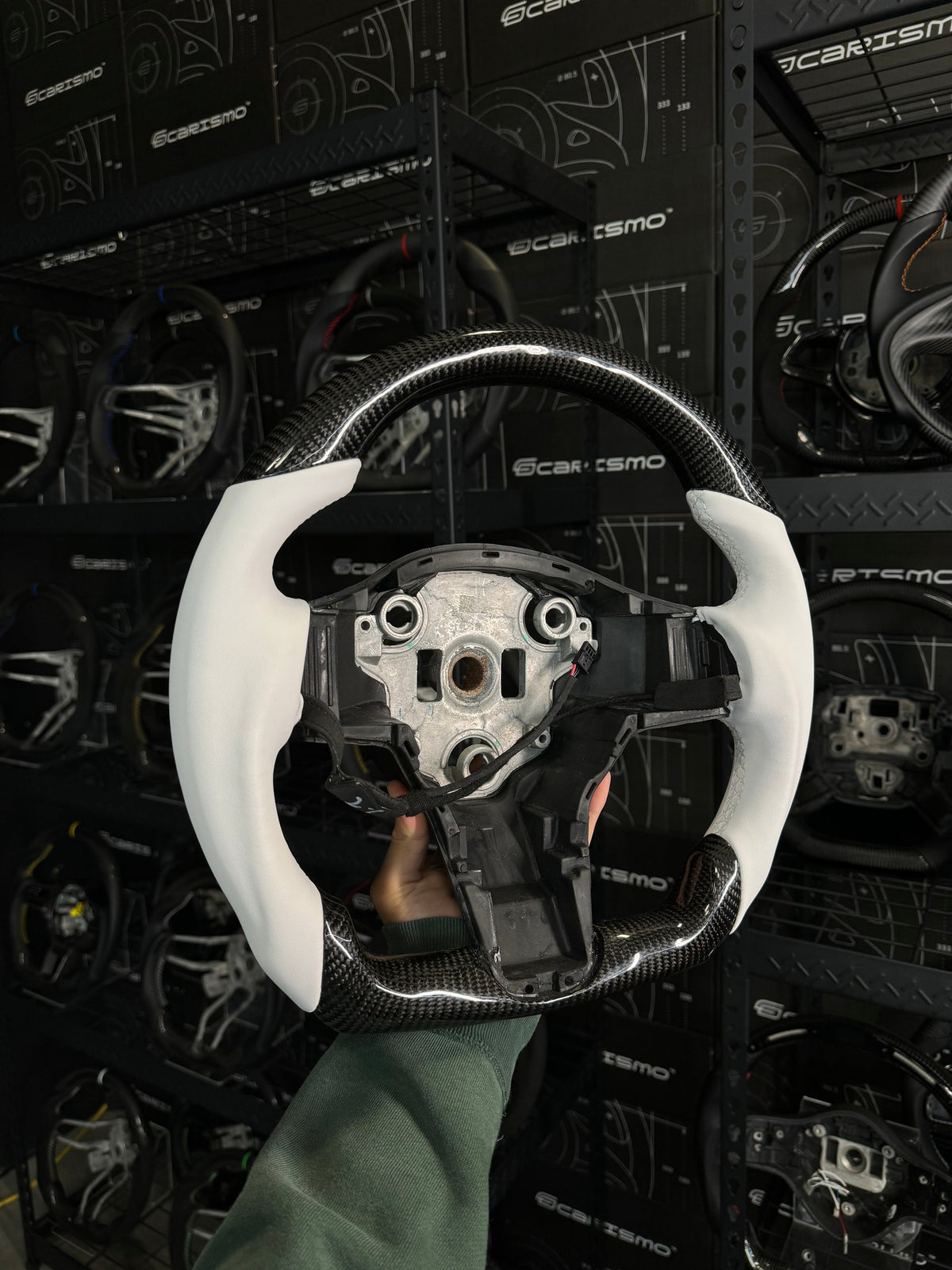 Carismo Steering Wheel For Tesla Model 3/Y - Sport (Heated) - Gloss Carbon - White Smooth Leather