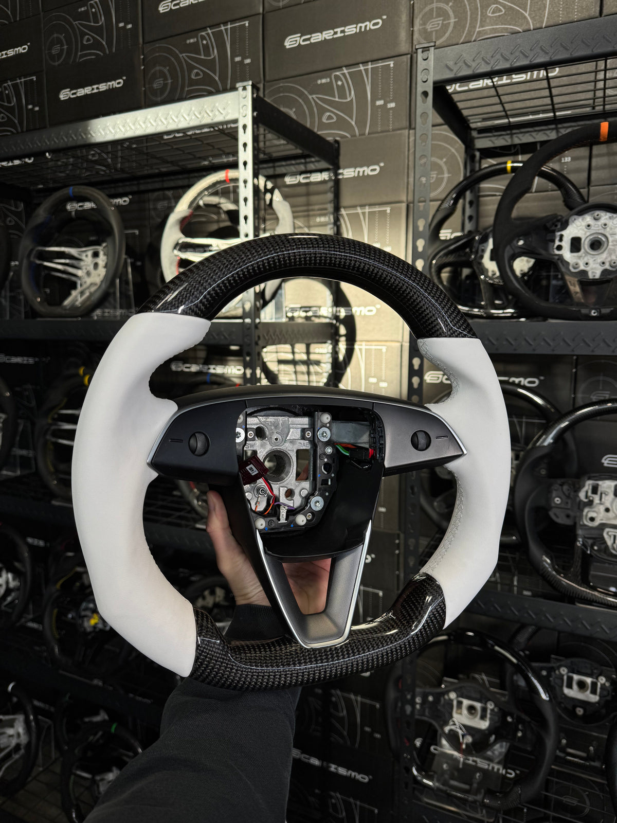 Carismo Steering Wheel For Tesla Model 3 (2023 Facelift) - Sport (Heated) - Gloss Carbon - White Smooth Leather