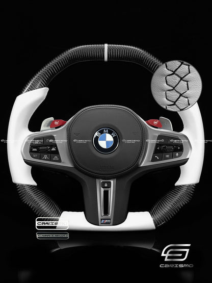 Carismo Steering Wheel For BMW G-Series (M Performance Wheels) - Signature - Gloss Carbon - White Smooth Leather