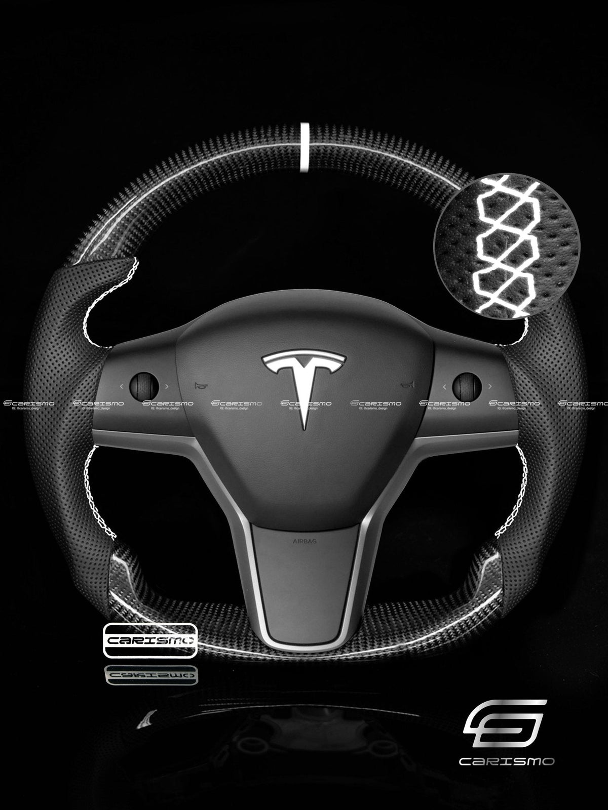 Carismo Steering Wheel For Tesla Model 3/Y - Sport (Heated) - Gloss Carbon - Perforated Leather