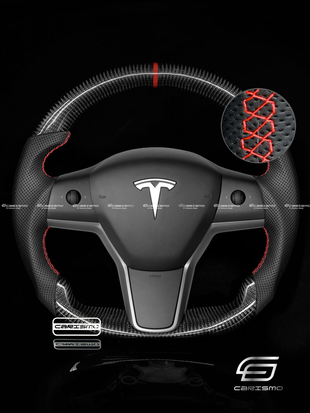 Carismo Steering Wheel For Tesla Model 3/Y - Sport (Heated) - Gloss Carbon - Perforated Leather