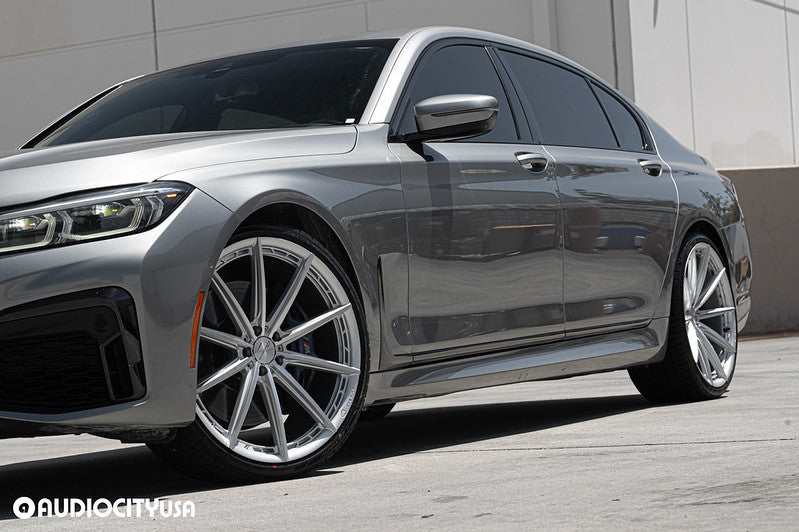 Installation example: BMW 740i-22″-Alesanna-Silver Machined. Wheel size and vehicle setup may differ from this set.