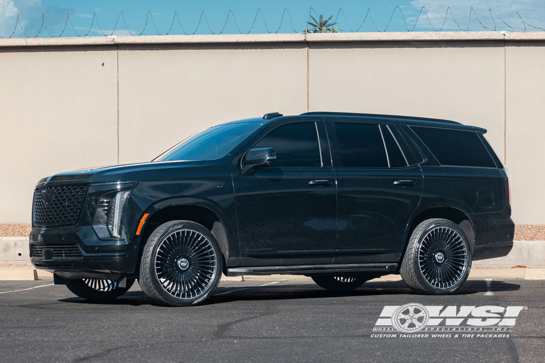 Installation example: Cadillac Escalade-24″-Tulum-Gloss Black with Machined Accents. Wheel size and vehicle setup may differ from this set.