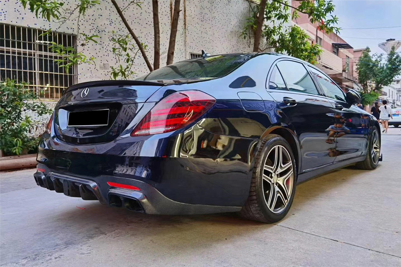2017-2020 Mercedes Benz S63 W222 Sedan BRS Style Rear Diffuser w/ LED Light and Exhaust Tips - Carbonado