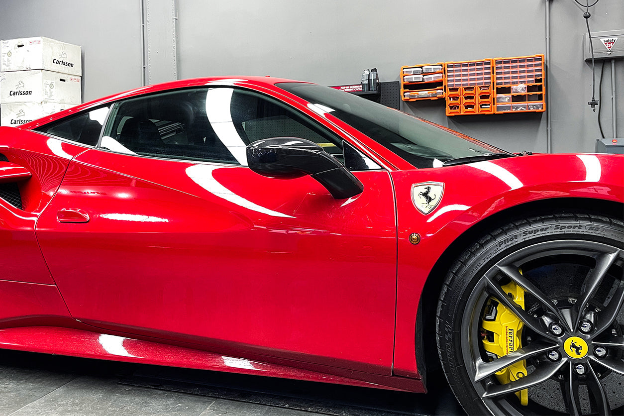 2015-2020 Ferrari 488 GTB/Spyder Carbon Fiber Mirror House & Base Replacement - DarwinPRO Aerodynamics