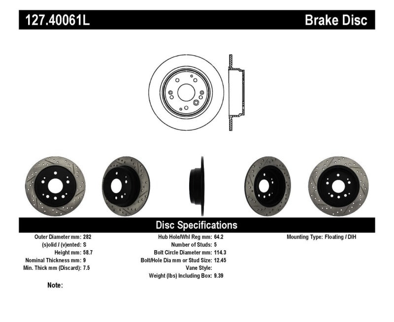 StopTech 04-08 Acura TL / 03-09 Honda Element Slotted & Drilled Left Rear Rotor