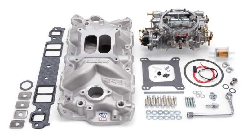 Edelbrock Manifold And Carb Kit Performer Eps Small Block Chevrolet 1957-1986 Natural Finish