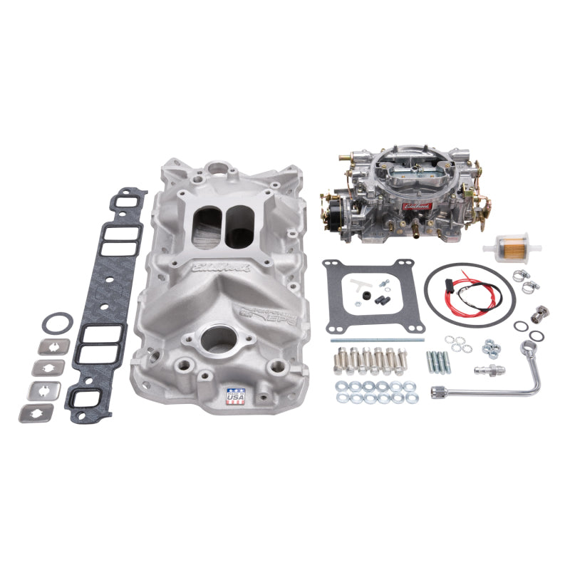 Edelbrock Manifold And Carb Kit Performer Eps Small Block Chevrolet 1957-1986 Natural Finish